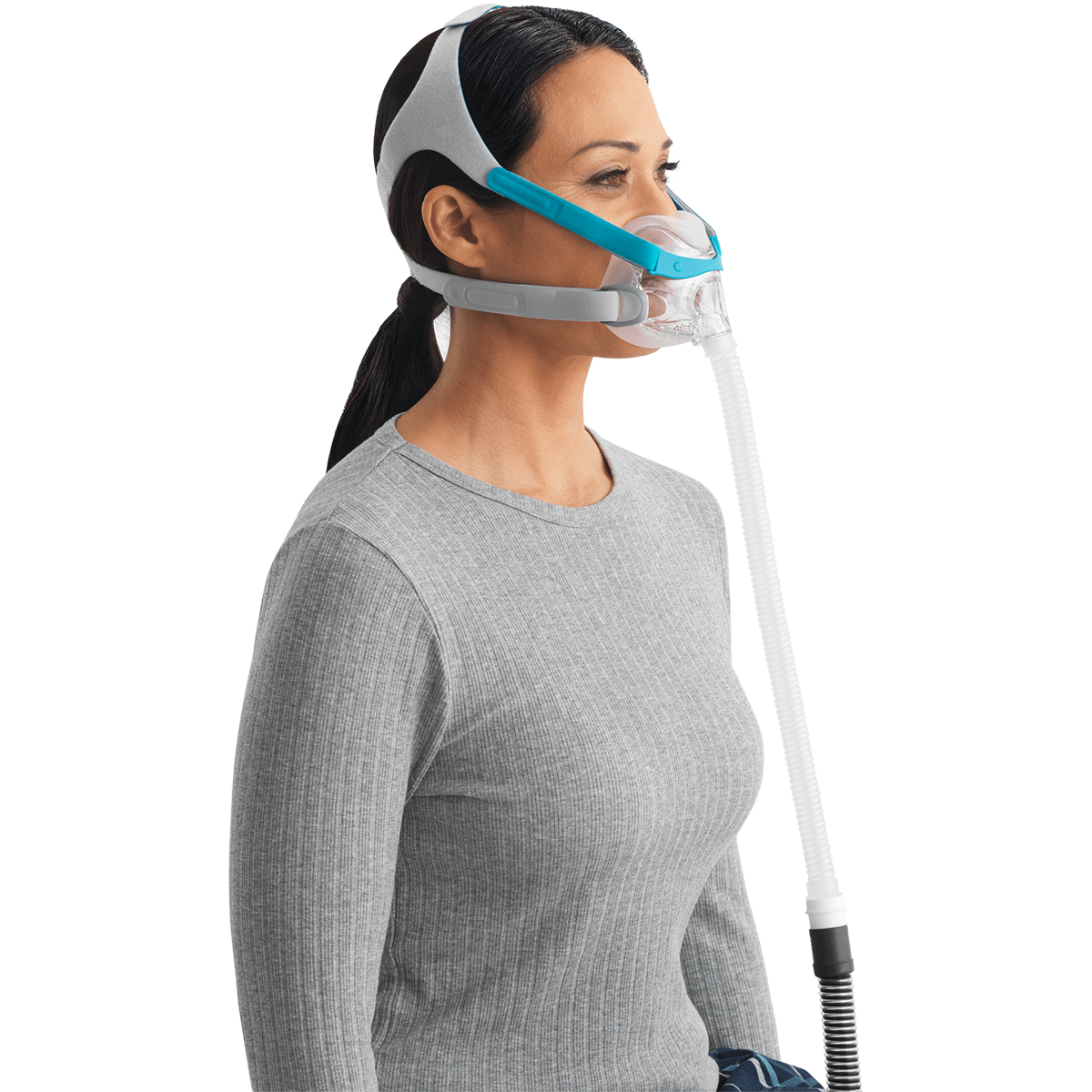 female wearing evora face mask side view