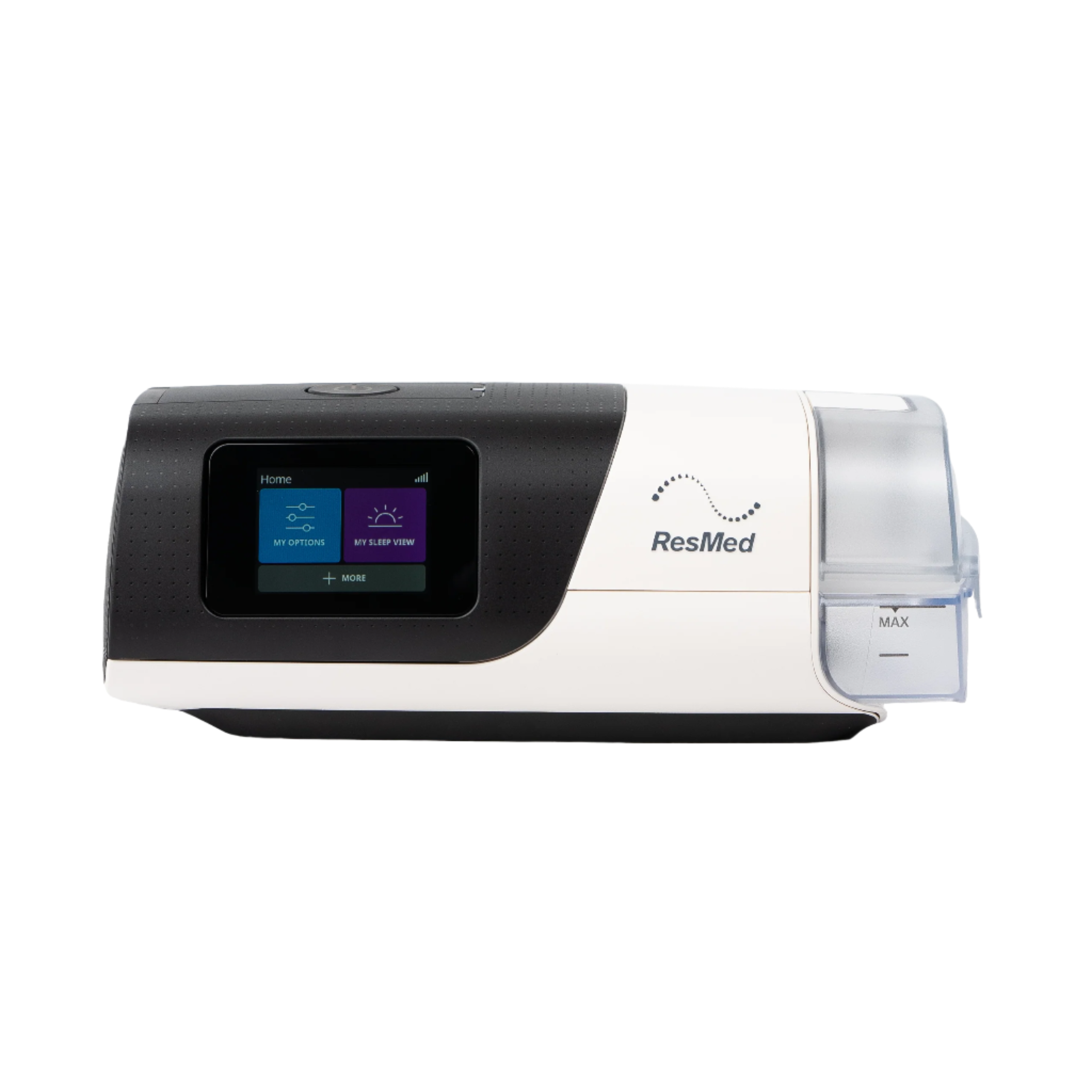 ResMed AirSense 11 CPAP machine with humidifier and sleek touchscreen interface.