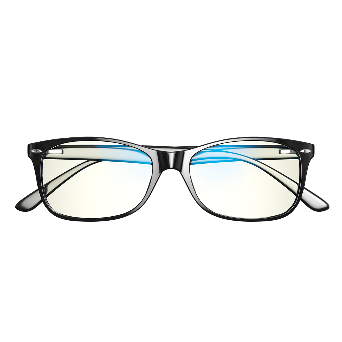 front view of black blue light blocking glasses