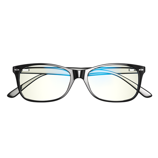 front view of black blue light blocking glasses