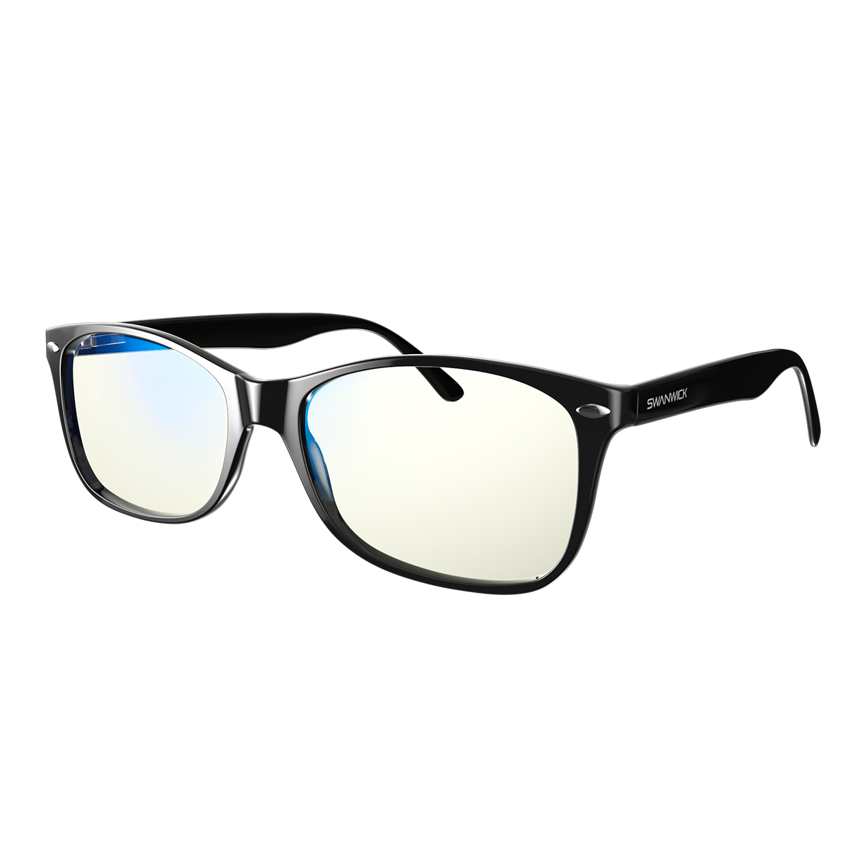 angled view of black blue light blocking glasses