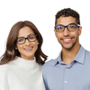 man and woman wearing black blue light blocking glasses