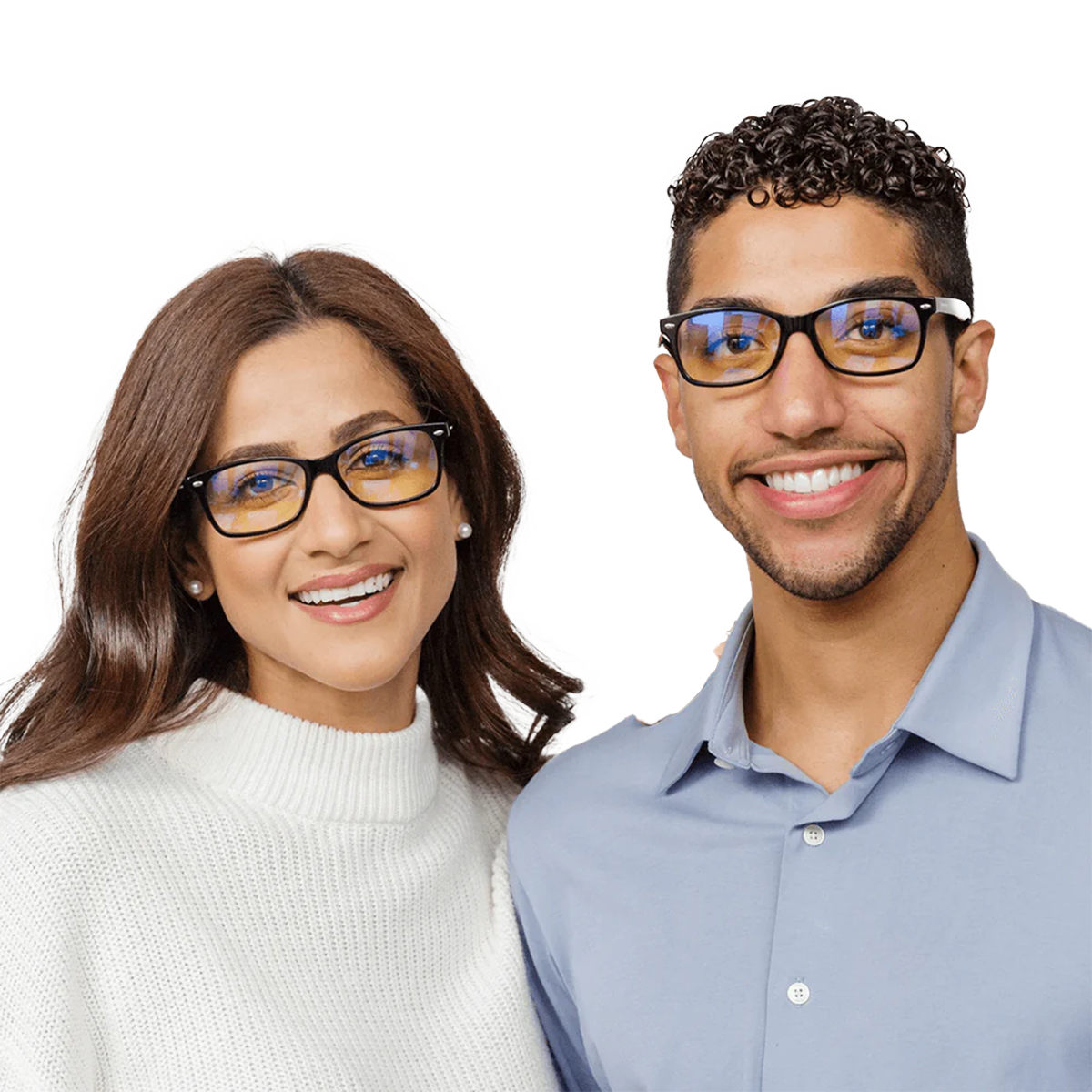 man and woman wearing black blue light blocking glasses